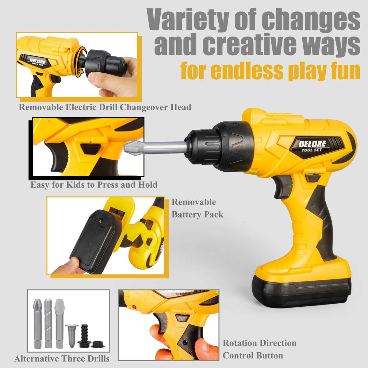 Zealous Toys electric drill interactive action mimicking real tool sounds for imaginative play.