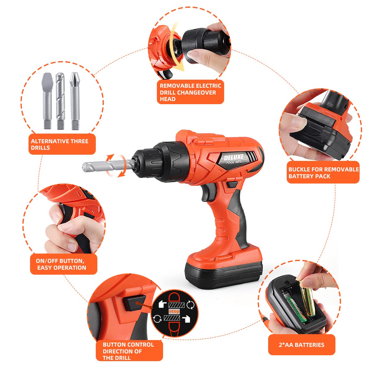 Zealous Toys Kids Tool Set electric drill with spinning bits for realistic play.
