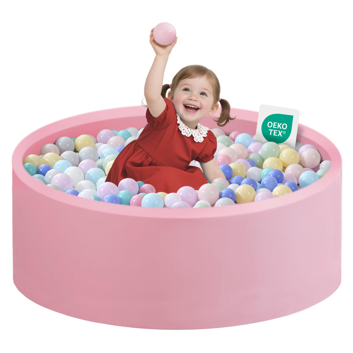 Zedachica ball pit exterior in pink, toddler-friendly, soft surface.