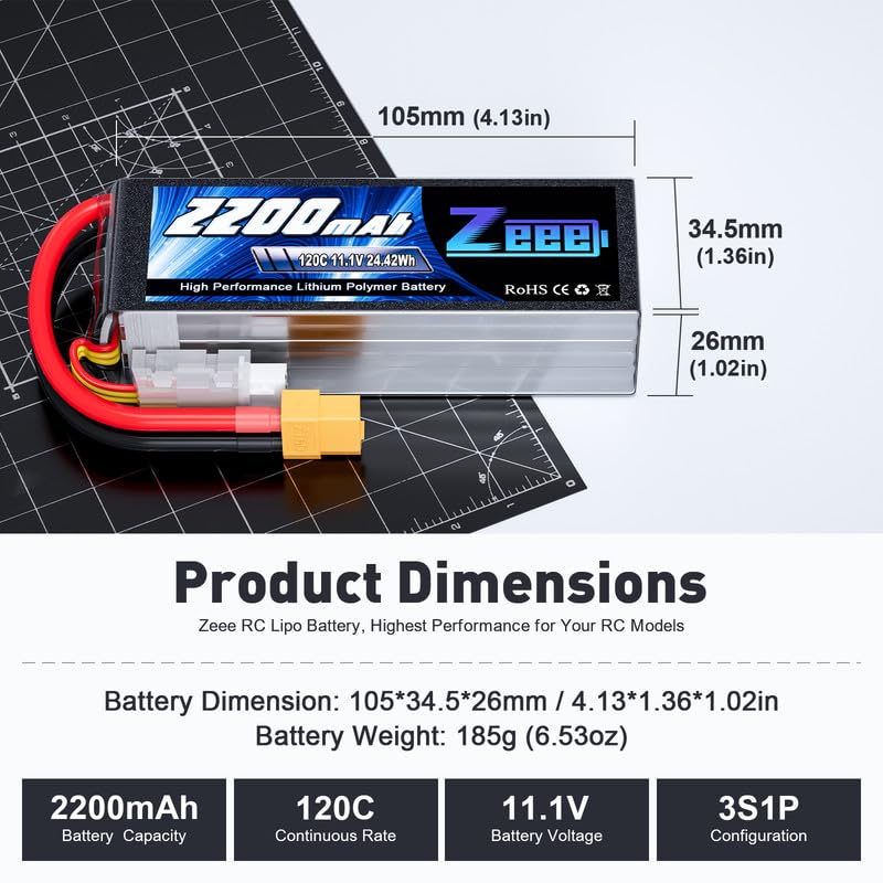 Zeee 11.1V 3S battery dimensions show compact size.