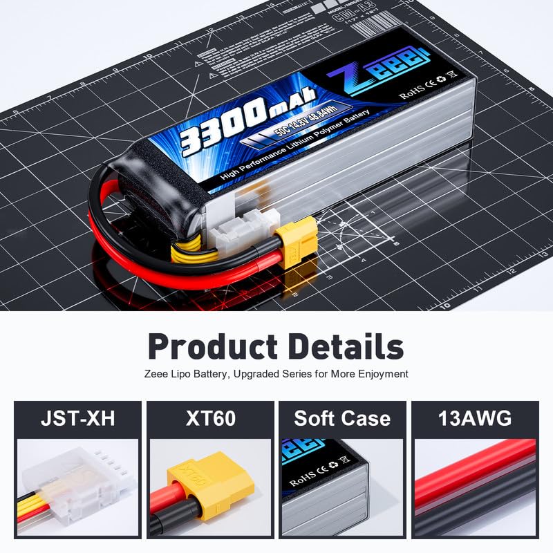 Zeee 14.8V LiPo battery pack detail shows precise measurements for fit.