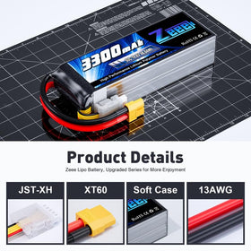 Zeee 14.8V LiPo battery pack detail shows precise measurements for fit.
