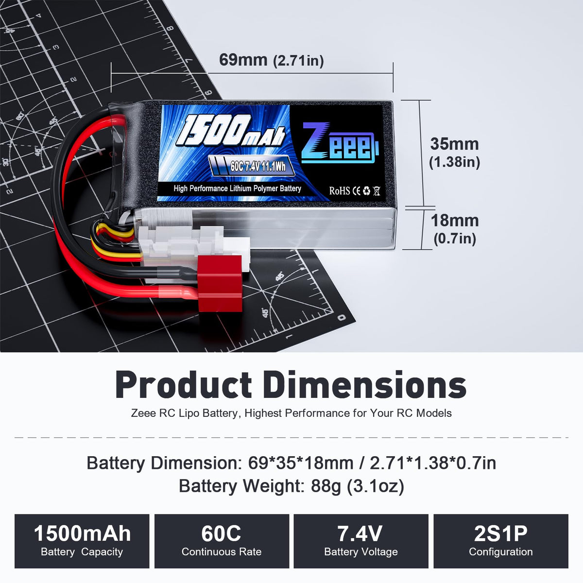 Compact Zeee battery dimensions 69x35x18mm for lightweight RC power