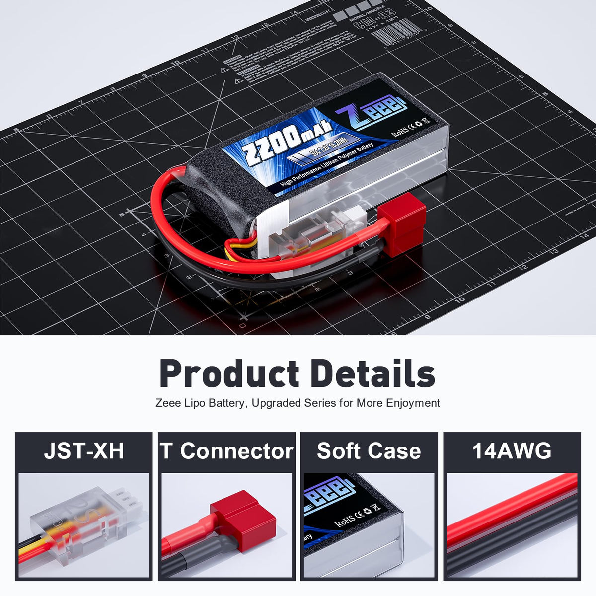 Zeee 2S 2200mAh LiPo 7.4V 50C dimension callout for precise fit checks