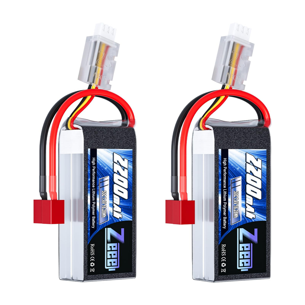 Zeee 2S shorty LiPo battery front view for enhanced RC car power and runtime