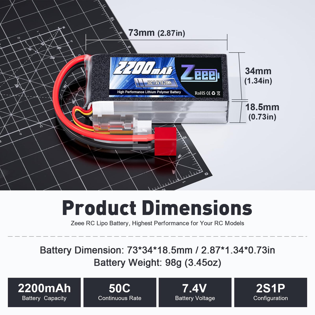 Zeee 2S shorty LiPo battery side profile for compact RC setups