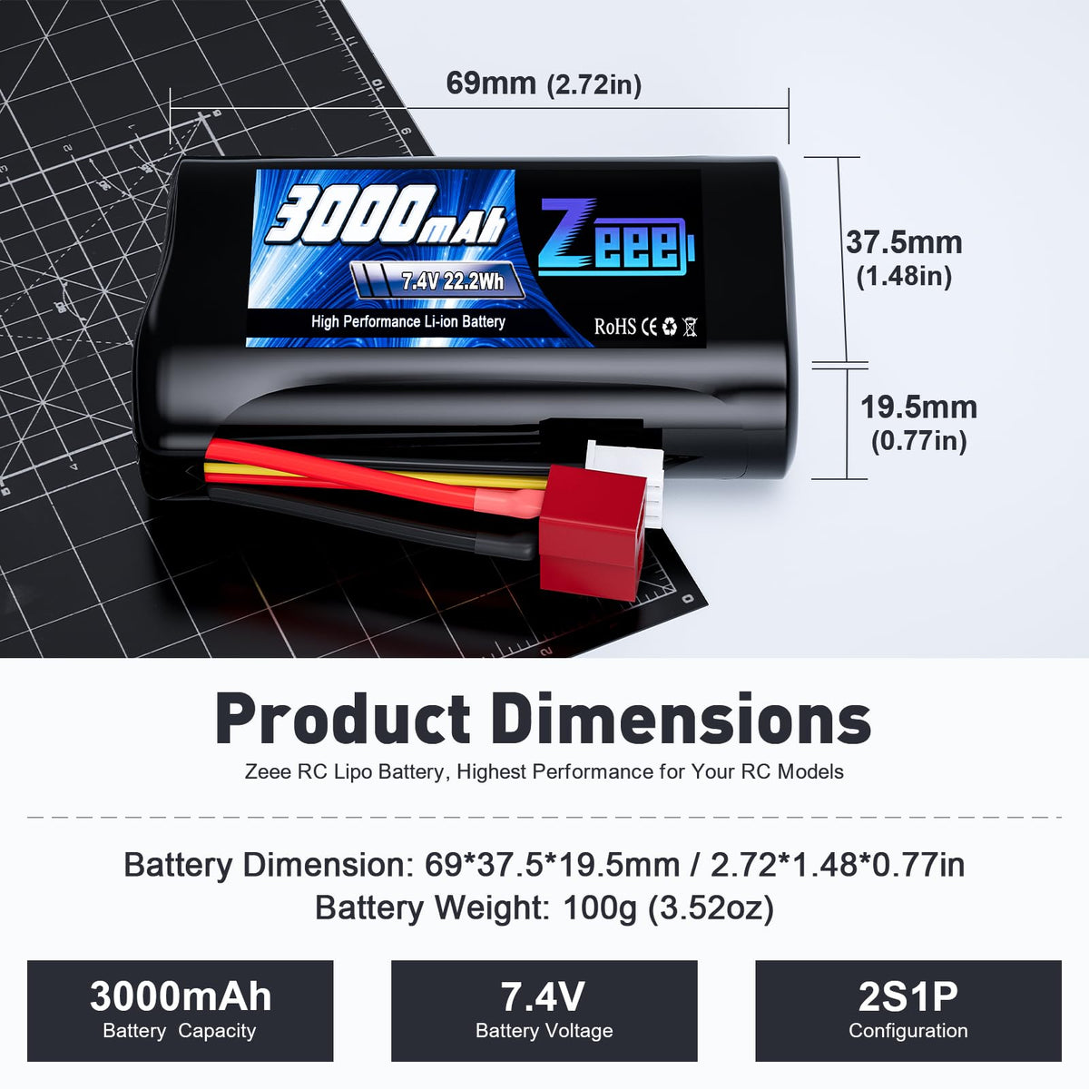 Zeee 2S battery side profile highlighting compact form for tight builds