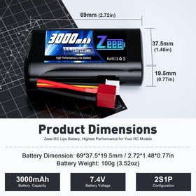 Zeee 2S battery side profile highlighting compact form for tight builds