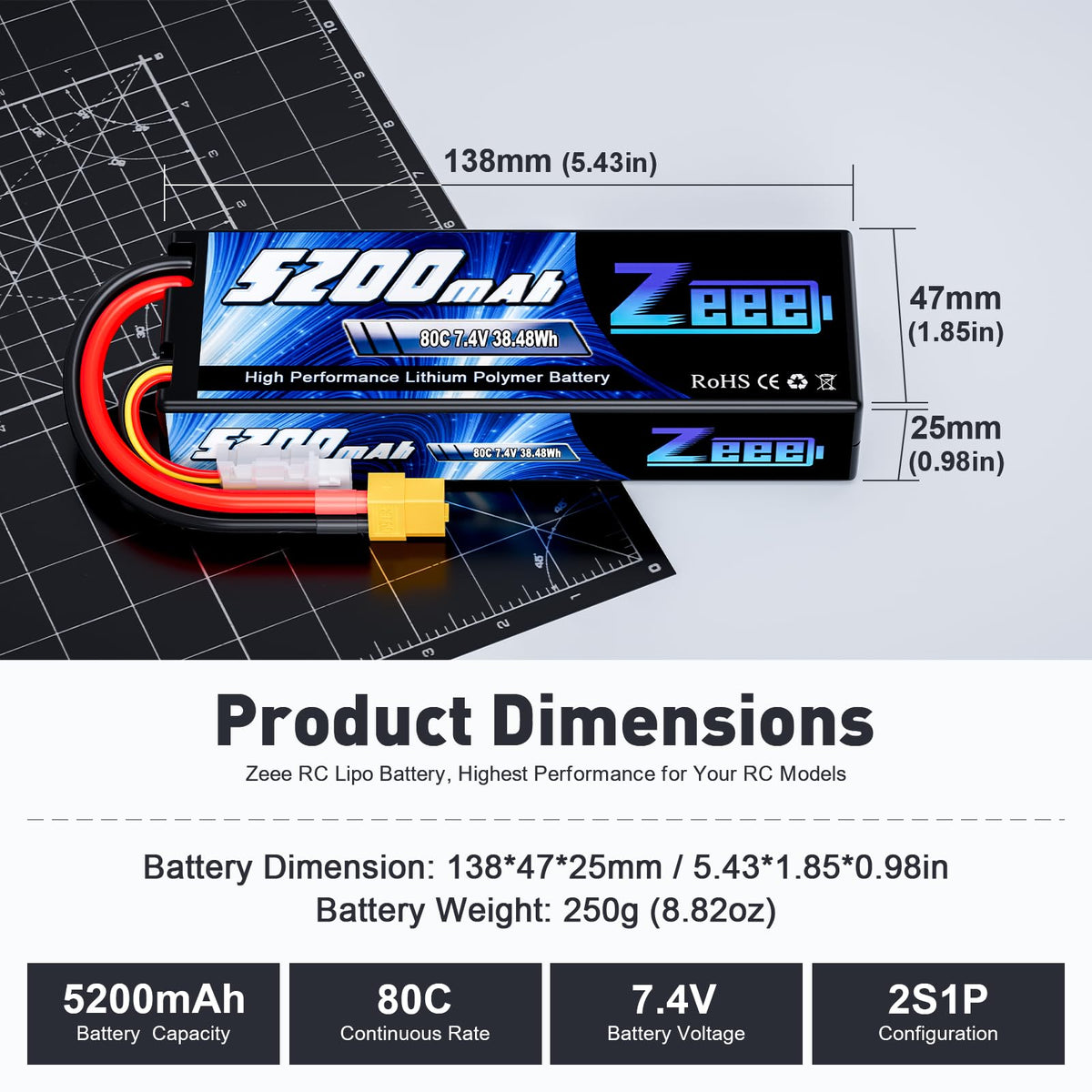 Zeee 2S 5200mAh battery dimensions fit 1/8 and 1/10 RC cars