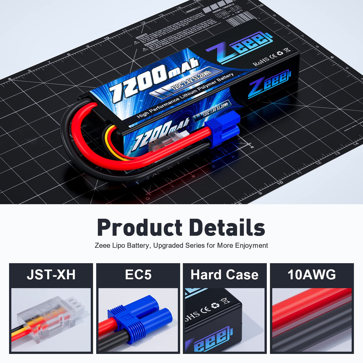 Zeee 2S 7200mAh LiPo battery dimensions show compact footprint for RC vehicle compartments.