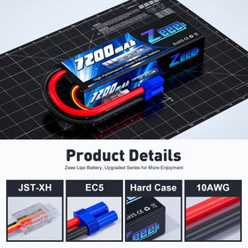 Zeee 2S 7200mAh LiPo battery dimensions show compact footprint for RC vehicle compartments.