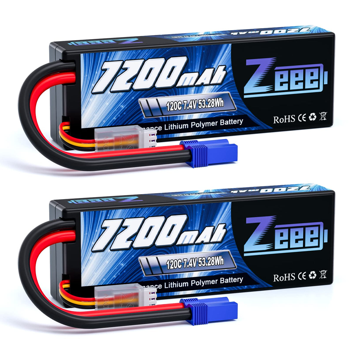 Zeee 2S 7200mAh LiPo battery with EC5 connector for RC cars and planes, steady power.