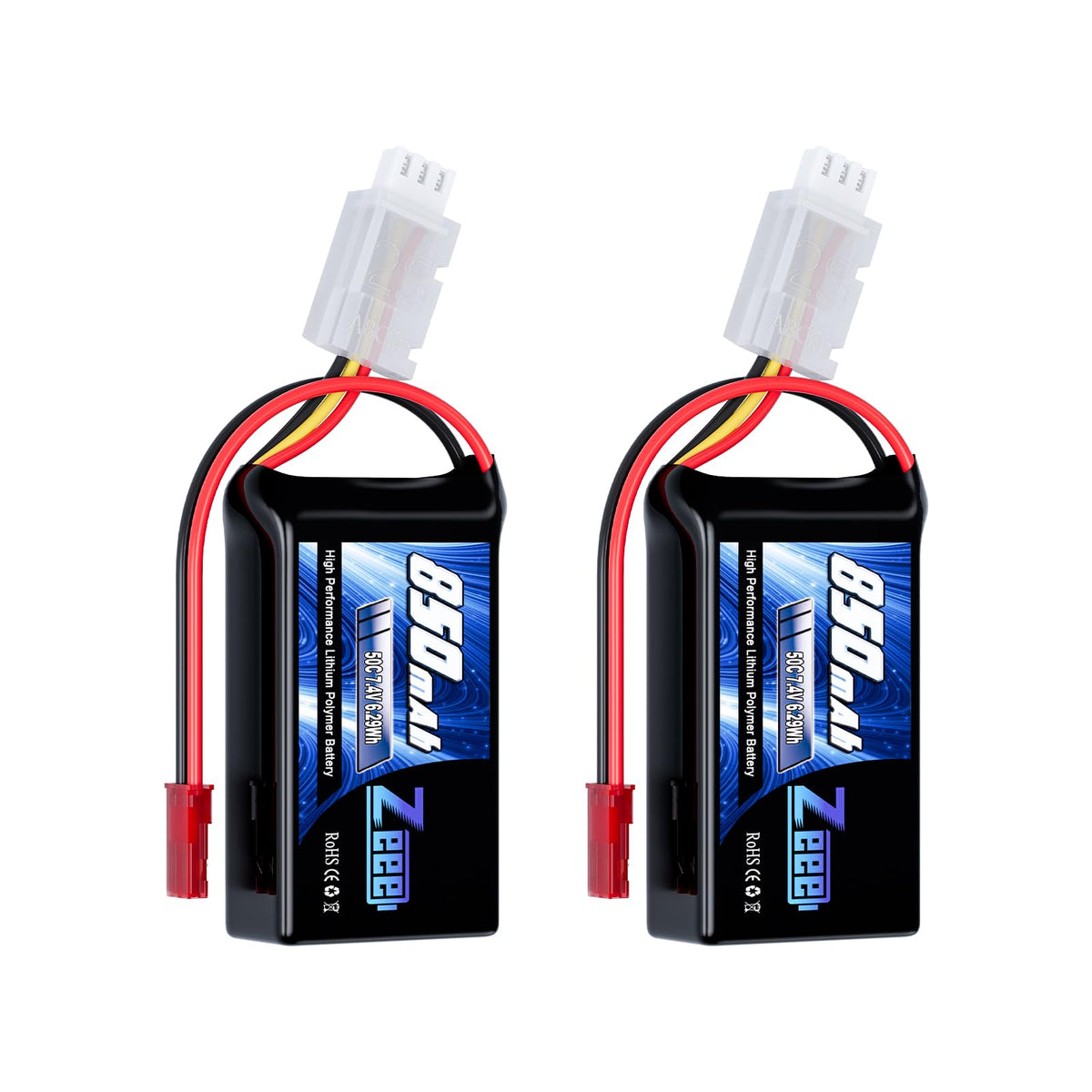 Zeee 2S 850mAh battery with 7.4V JST connector for FPV drones.