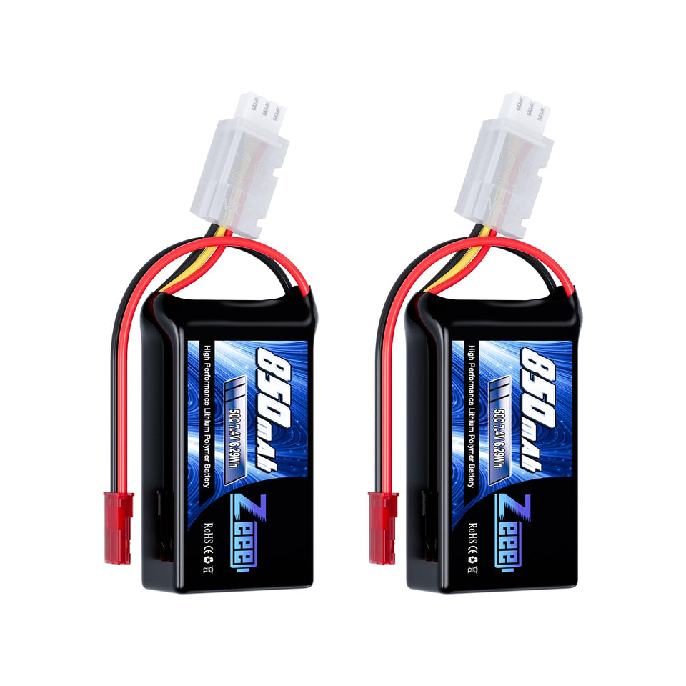 Zeee 2S 850mAh battery with 7.4V JST connector for FPV drones.