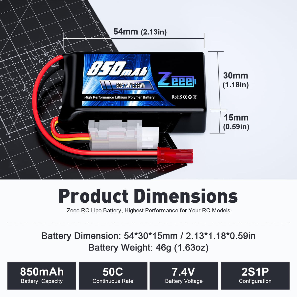 Zeee soft-pack 2S battery, compact for tight quadcopter builds.