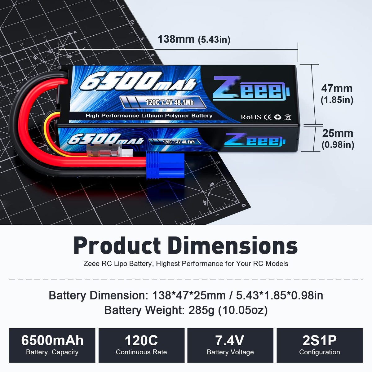 Zeee 2S LiPo battery dimensions 138×47×25 mm fit snugly in compact RC chassis.