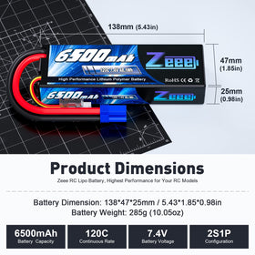 Zeee 2S LiPo battery dimensions 138×47×25 mm fit snugly in compact RC chassis.