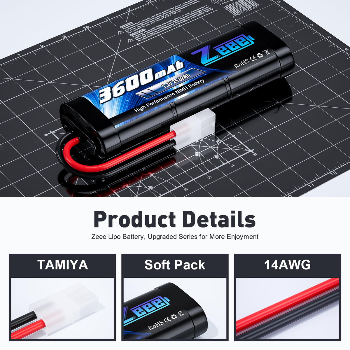 Zeee NiMH battery with Tamiya plug ready for quick RC swaps