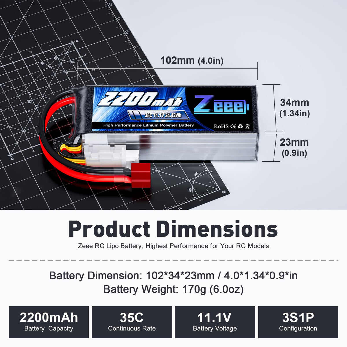 Zeee 3S 2200mAh battery dimensions for RC fit