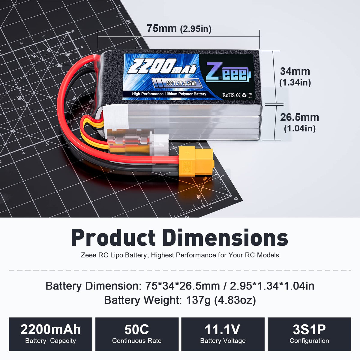 Zeee 3S 2200mAh battery side view showing compact form for tight builds
