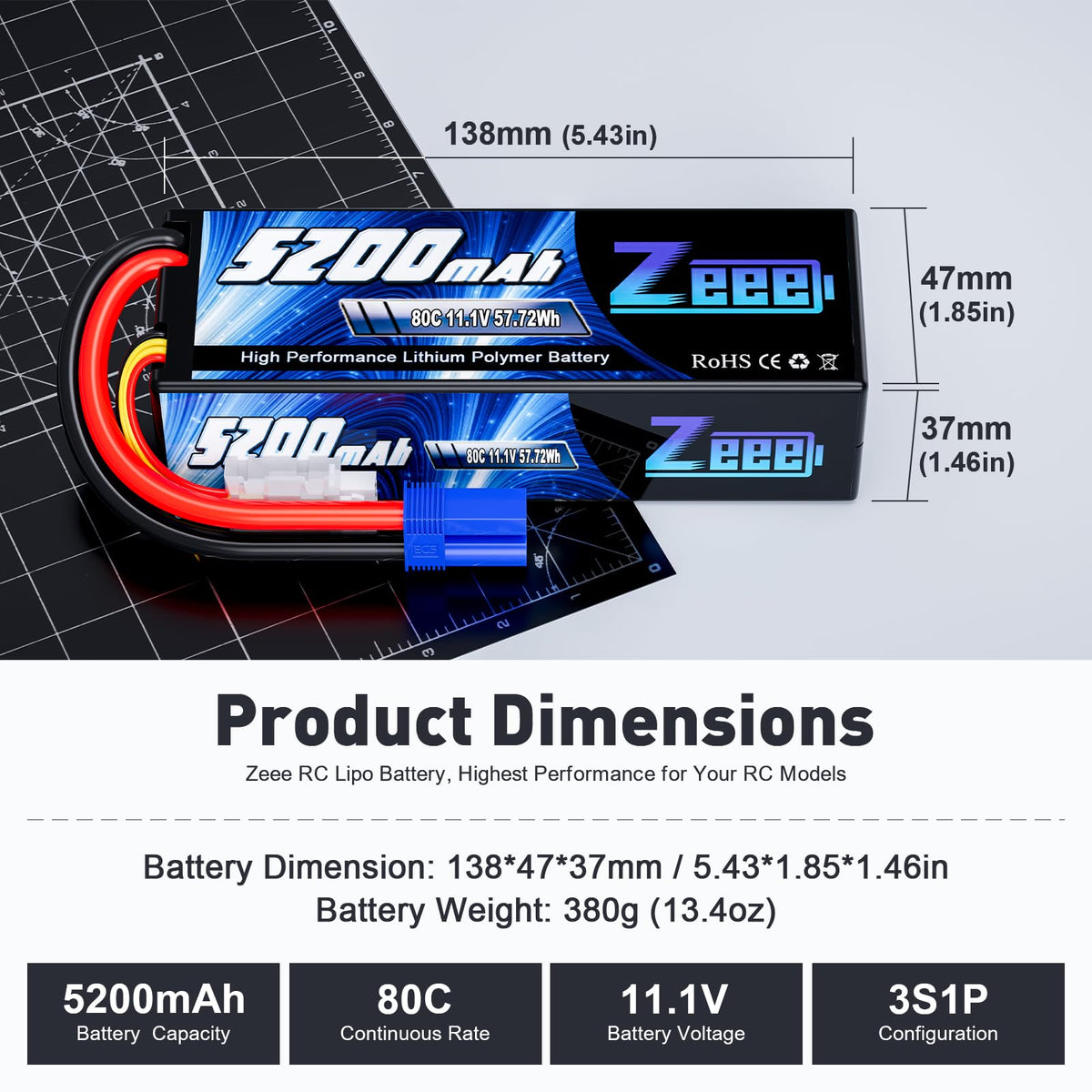 Zeee 3S 5200mAh LiPo dimensions 138x47x37mm for precise fits