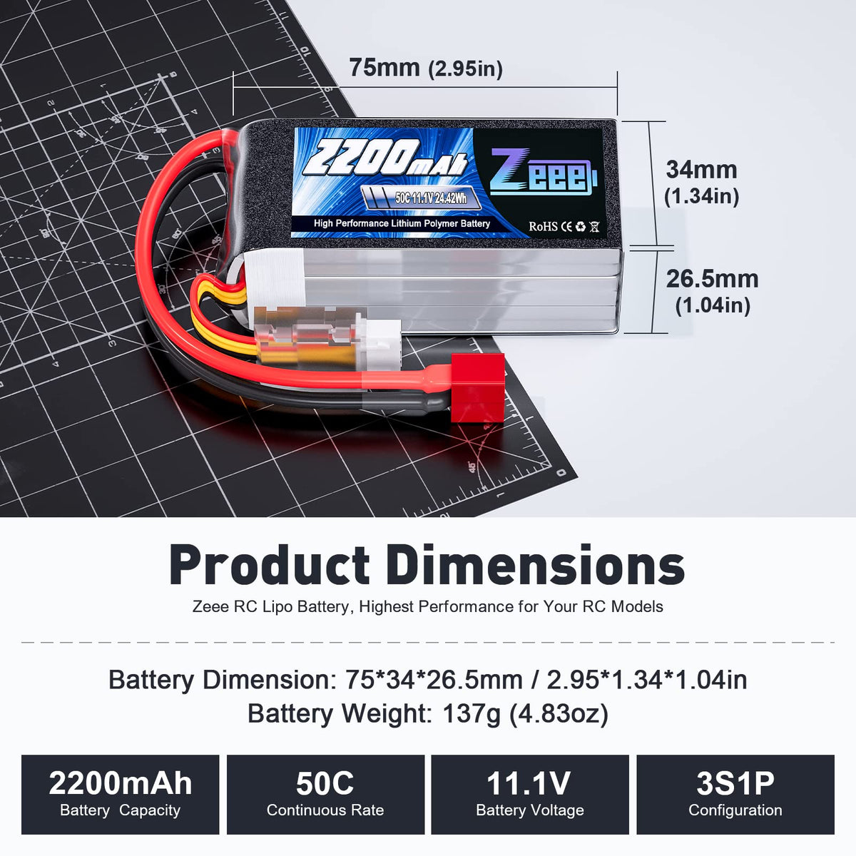 Zeee 50C discharge rating highlights strong power for quick acceleration