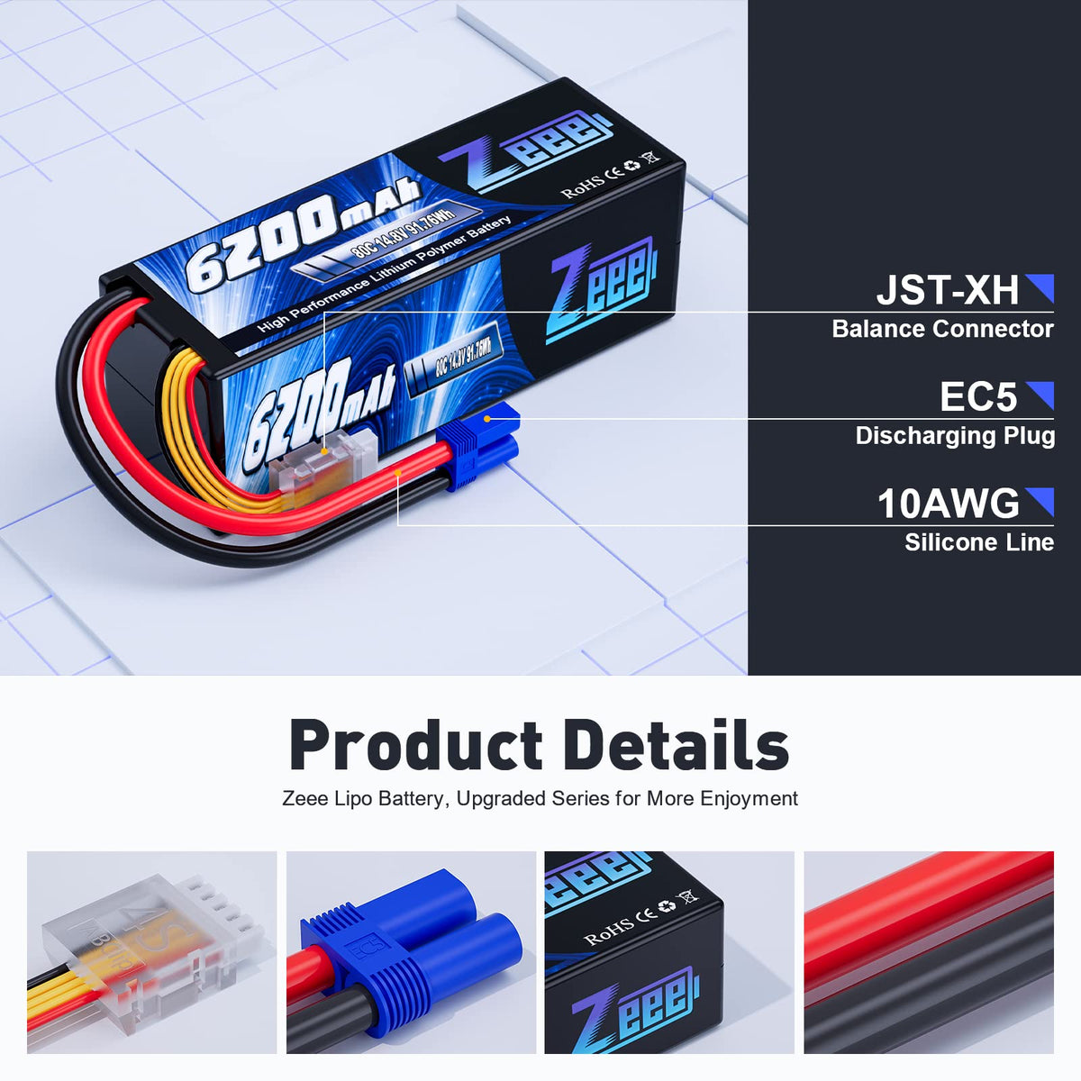 Zeee 4S 6200mAh weight of 625g aids balanced chassis planning