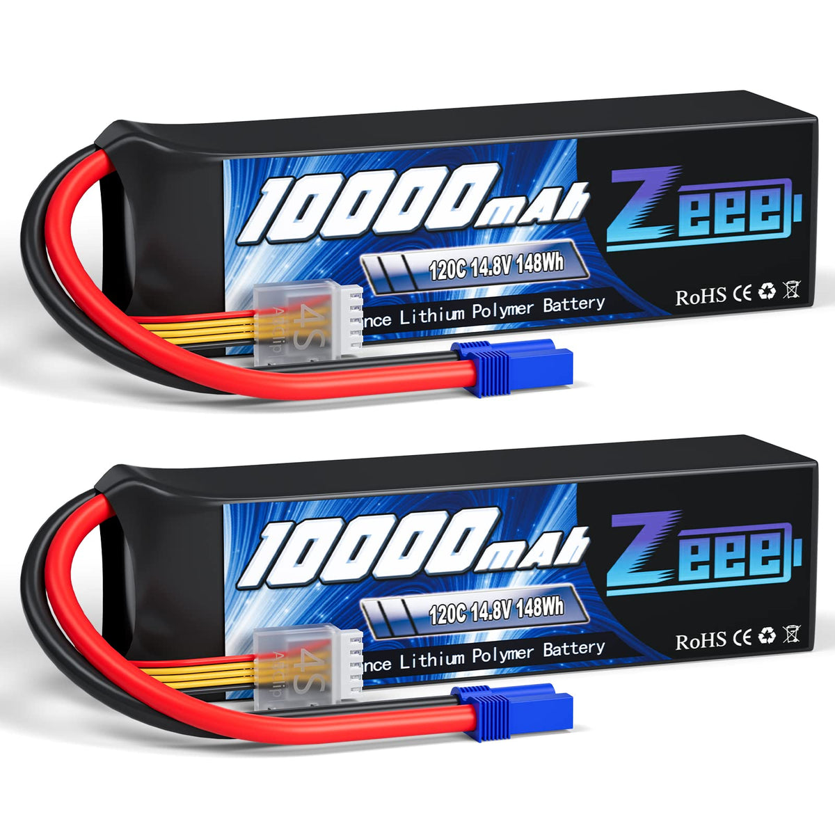 Zeee 4S 10000mAh LiPo battery front view with EC5 connector for extended RC sessions.