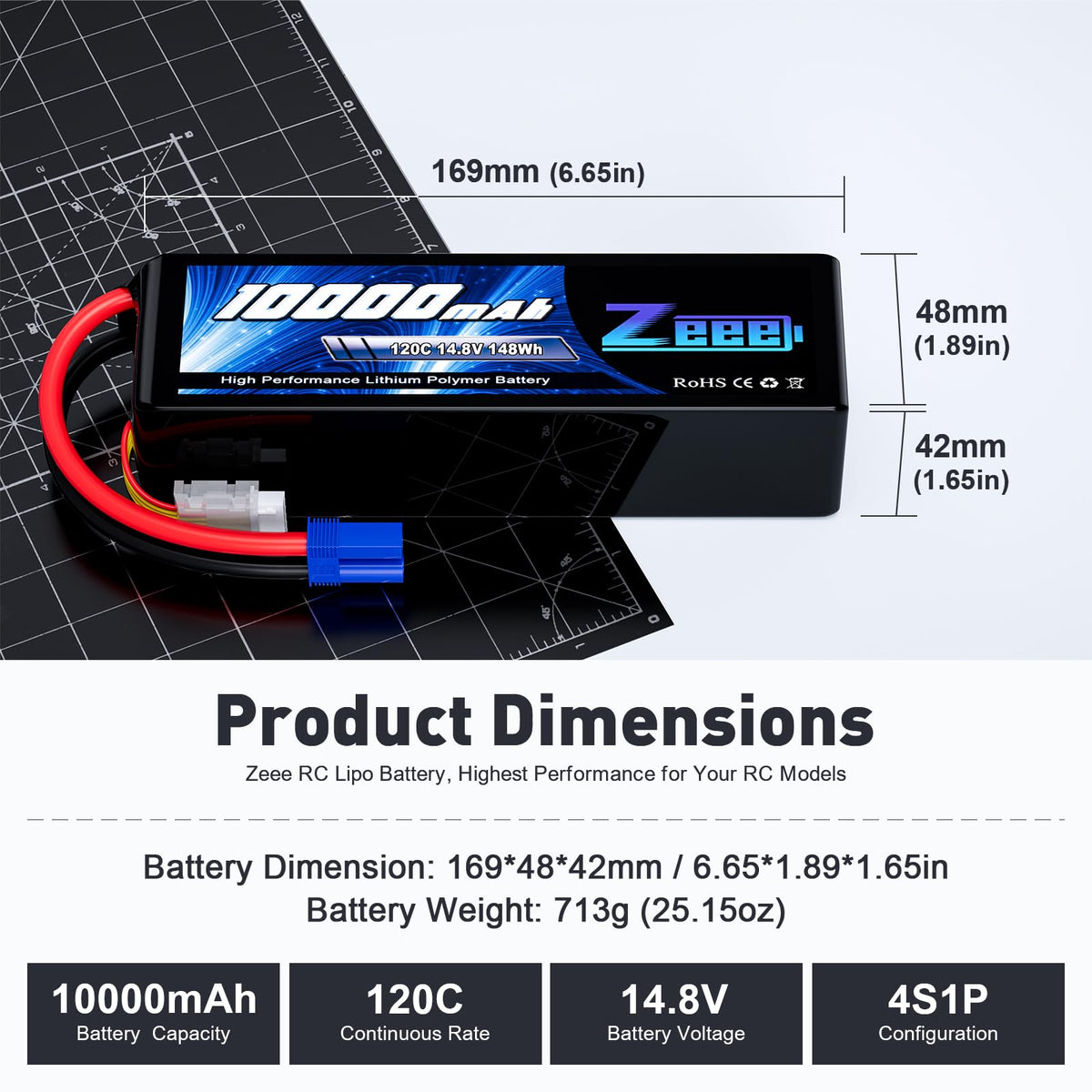 Zeee 4S 10000mAh LiPo battery side view showing compact size for tight spaces.