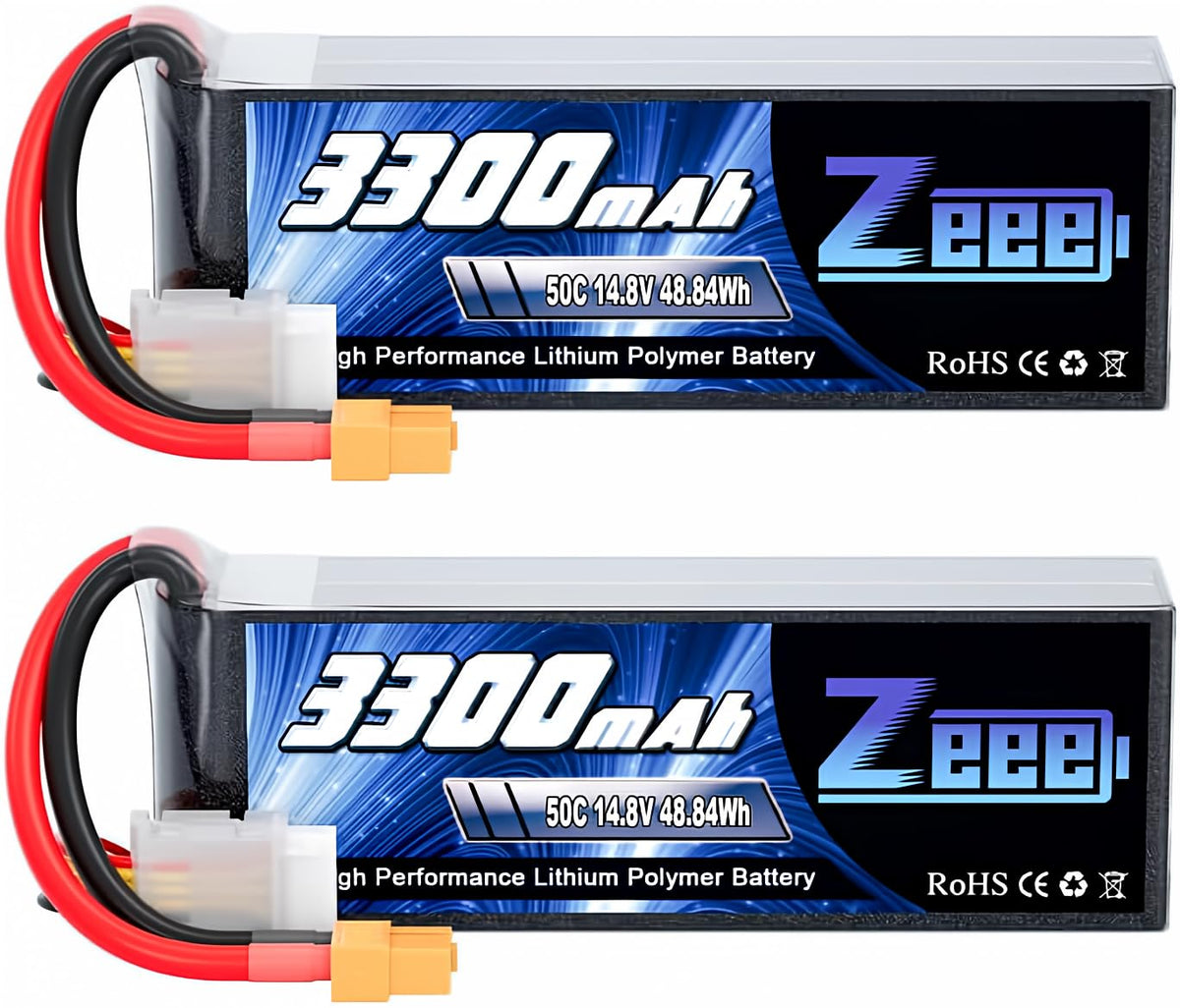 Zeee 4S LiPo battery side view highlights compact design for versatile RC use.