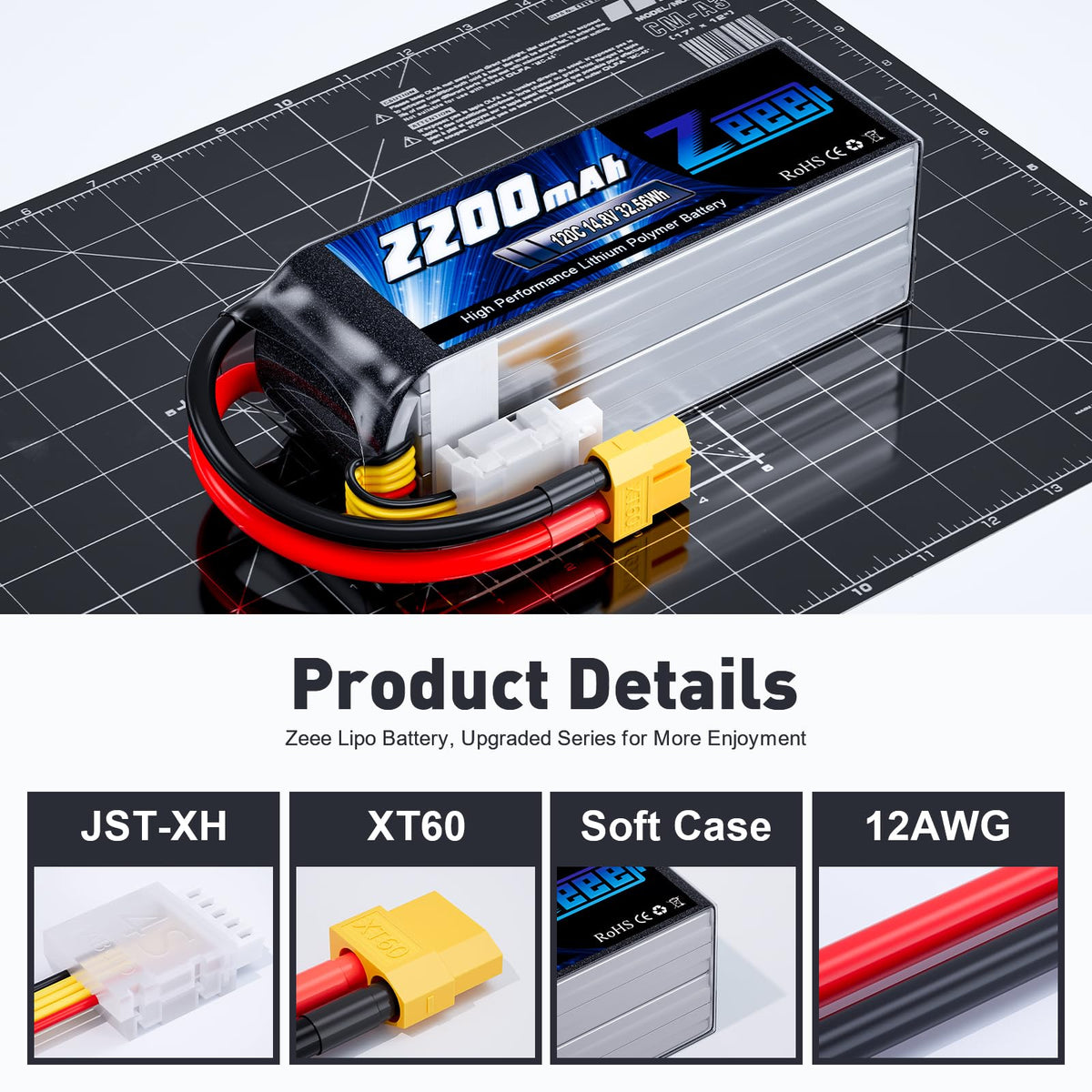 Zeee 4S LiPo battery dimensions shown, fits tight drone bays and RC models