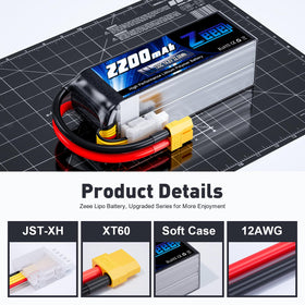 Zeee 4S LiPo battery dimensions shown, fits tight drone bays and RC models