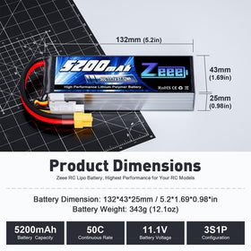 Zeee battery dimensions shown: compact 132x43x25mm fits many RC models
