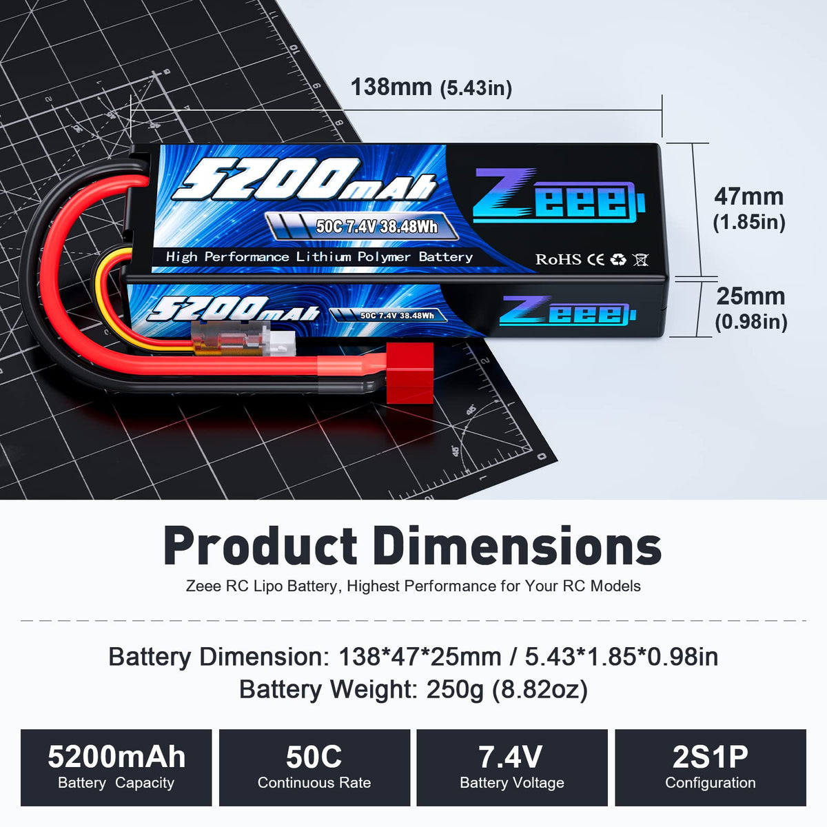 Zeee 5200mAh 2S LiPo with compact 138x47x25mm size for model fit.