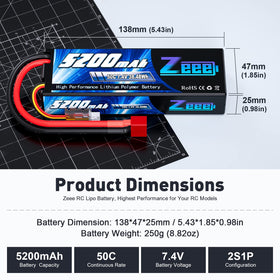 Zeee 5200mAh 2S LiPo with compact 138x47x25mm size for model fit.