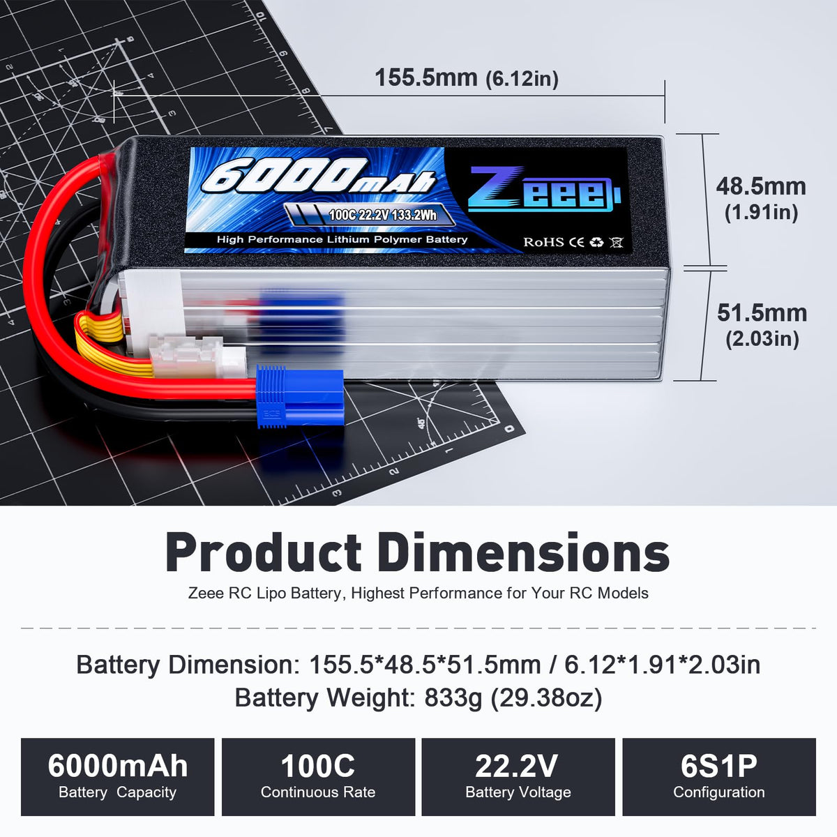 Zeee 6S 6000mAh dimensions for compact RC fitting.