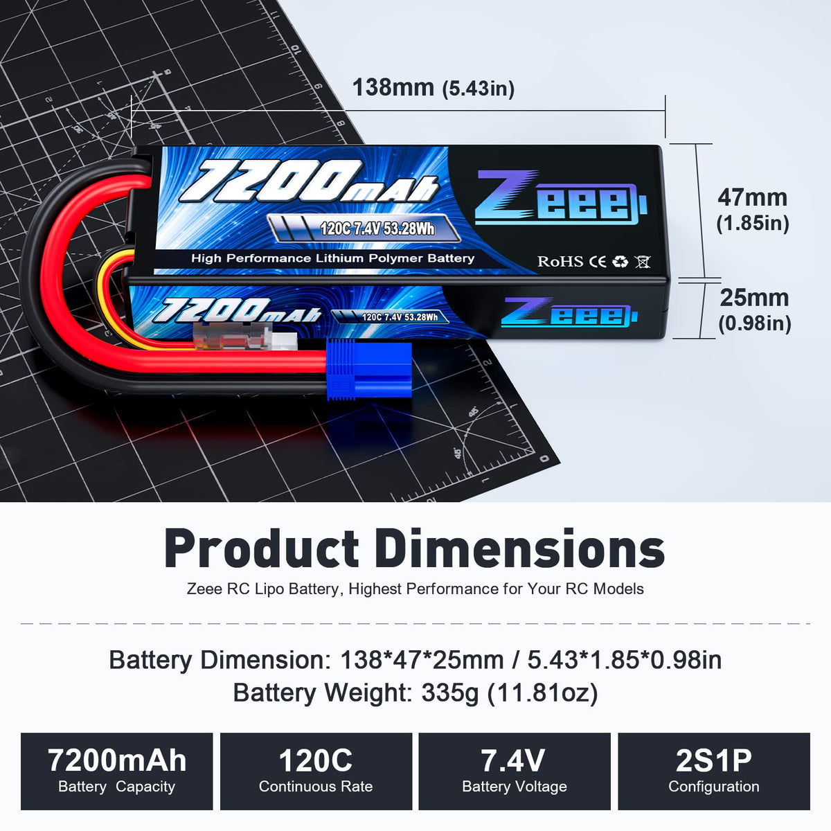Zeee hard case 7200mAh LiPo battery with EC5 connector for added durability.