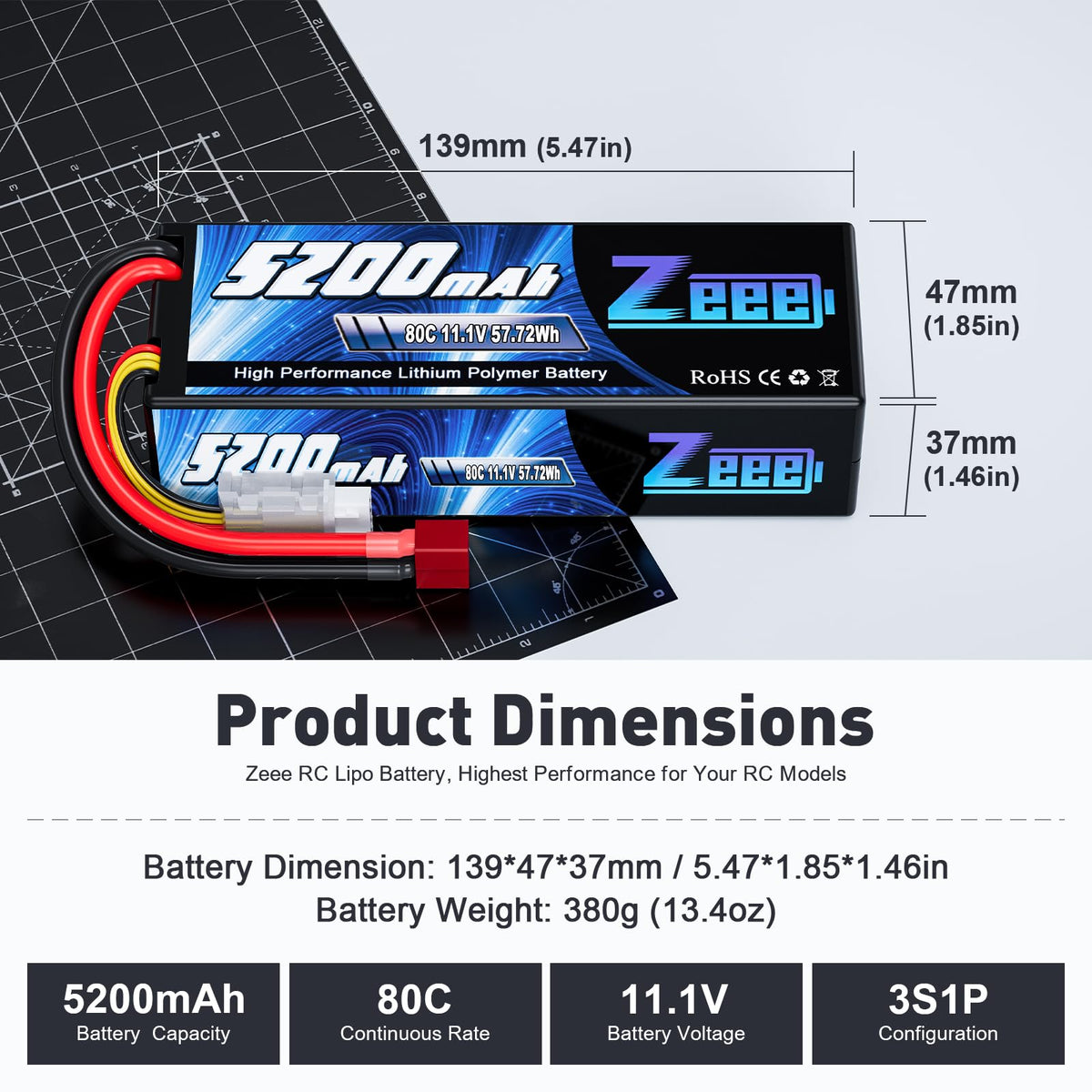 Zeee LiPo battery with T-connector ready for quick RC installation
