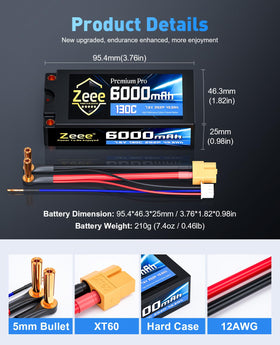 Zeee Premium Pro 2S 6000mAh battery dimensions overview for precise fit in compact chassis.