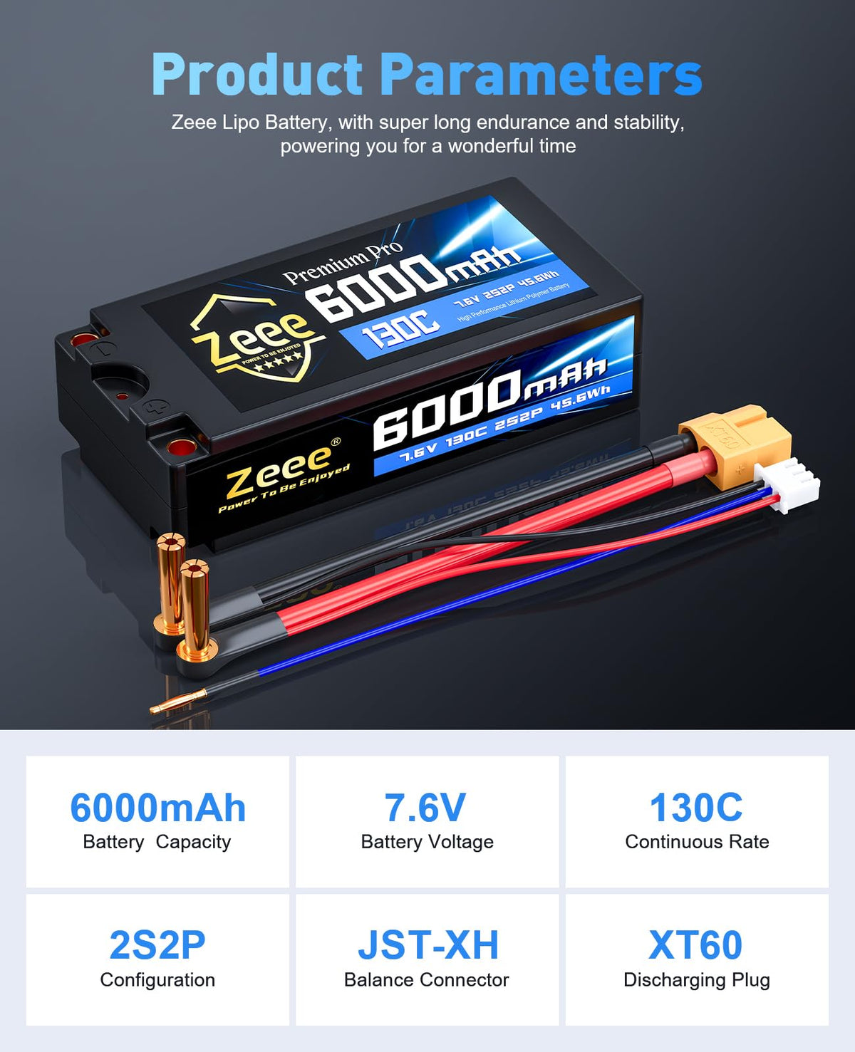 Zeee Premium Pro 2S 6000mAh battery with XT60 connector ready for quick RC model swaps.