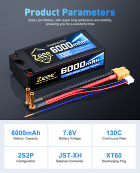 Zeee Premium Pro 2S 6000mAh battery with XT60 connector ready for quick RC model swaps.