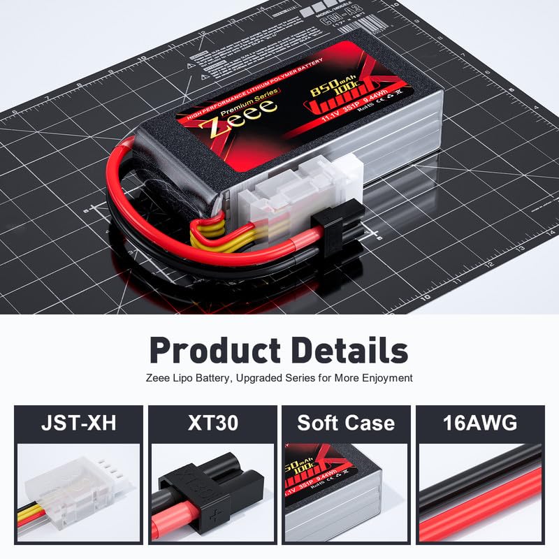 Zeee 3S 850mAh battery front view; XT30 plug ready for quick swaps