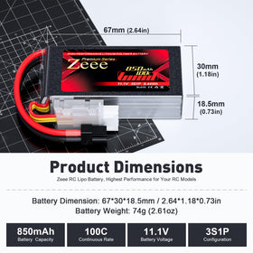 Zeee Premium 3S 850mAh battery side profile; fits snugly in compact RC platforms