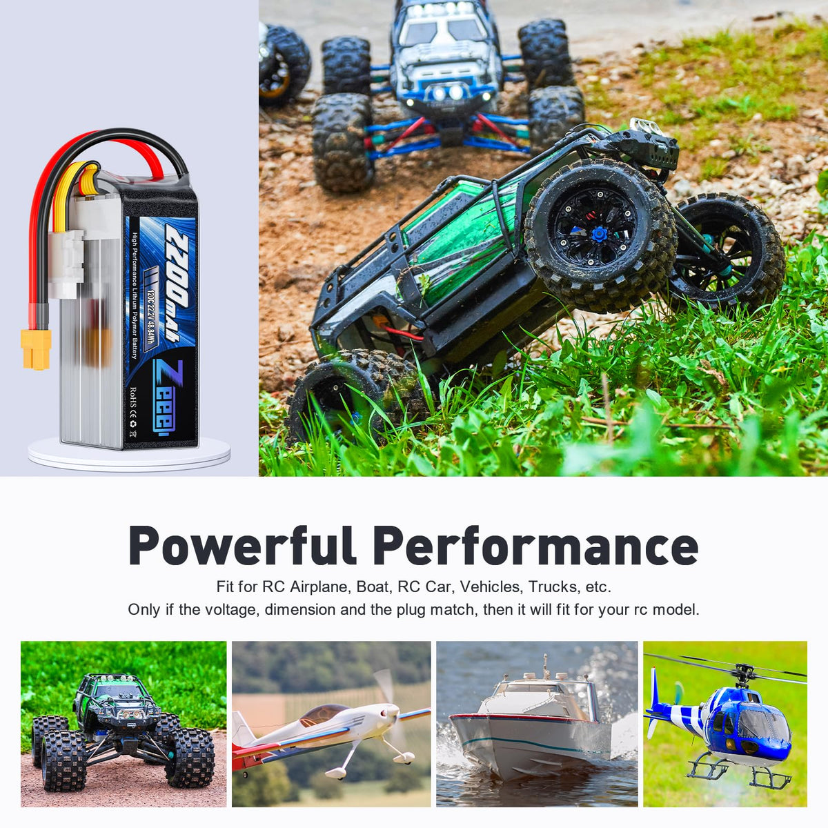 Zeee 22.2V battery suited for RC cars, boats, and planes