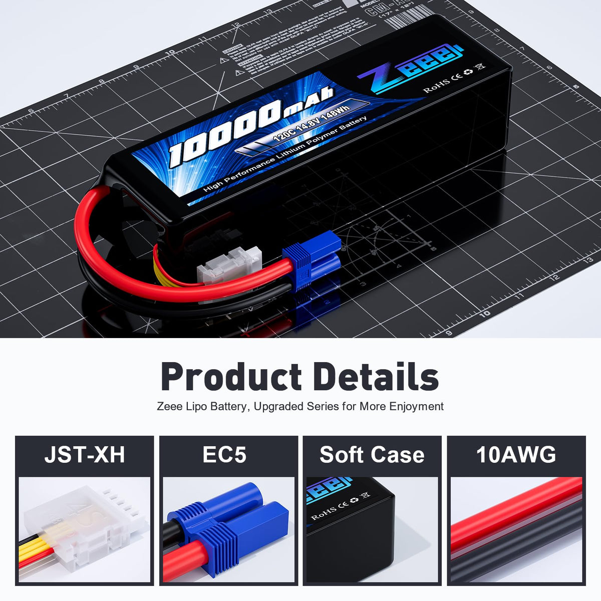Zeee RC battery top-down view highlights EC5 plug and sturdy casing.