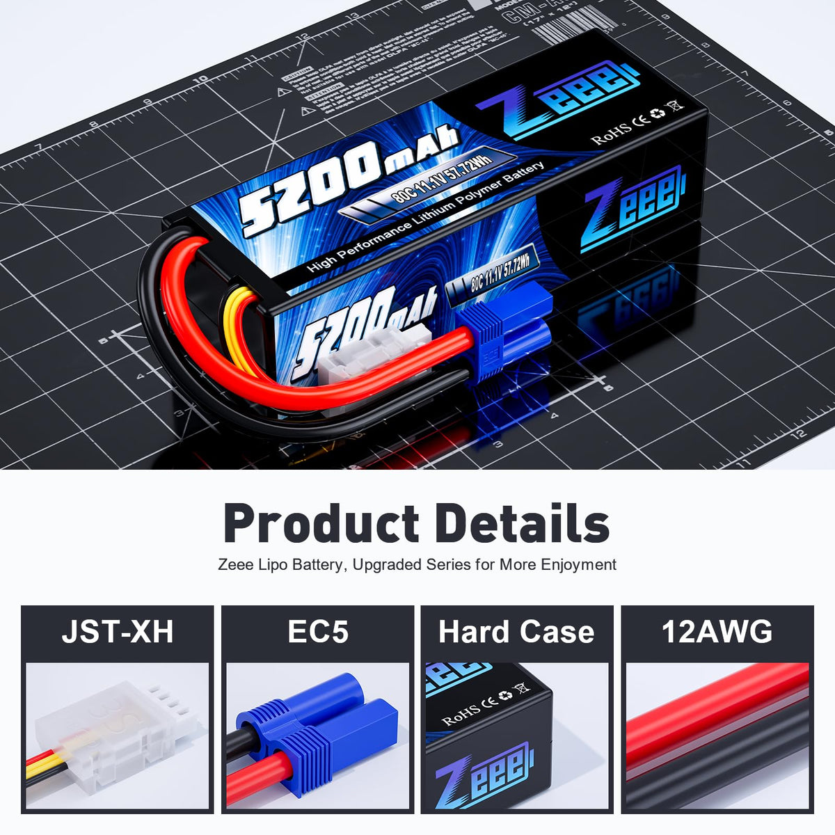 Zeee LiPo 3S battery showing compatibility with 1/10 and 1/8 scale RC models