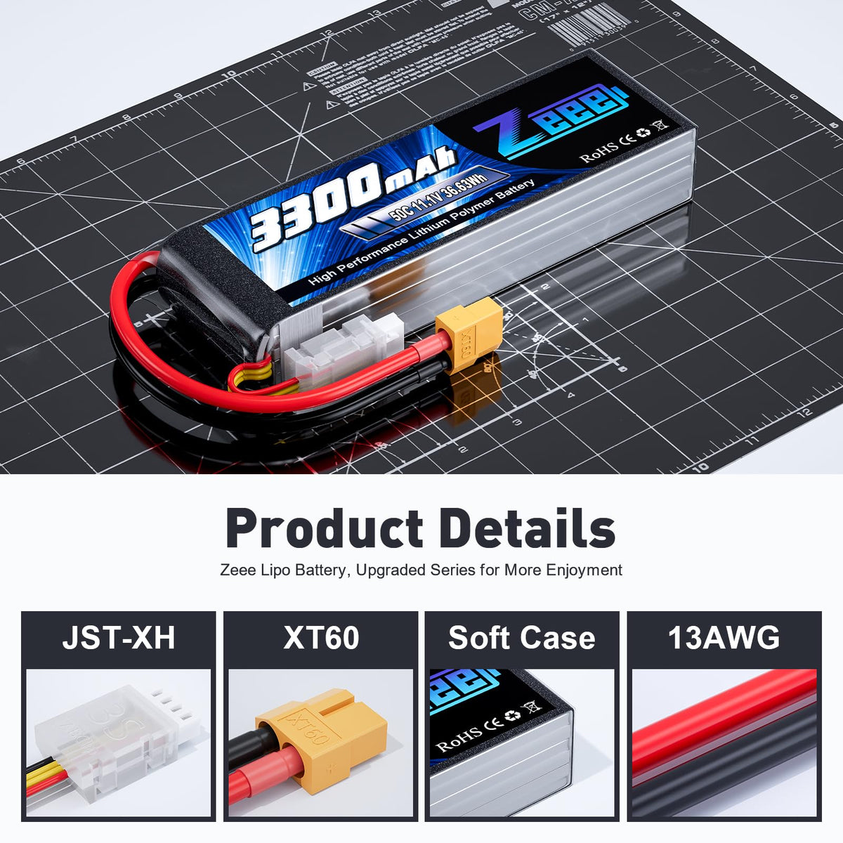 Zeee battery dimensions 134.3 x 43.5 x 23.1 mm showing compact size.