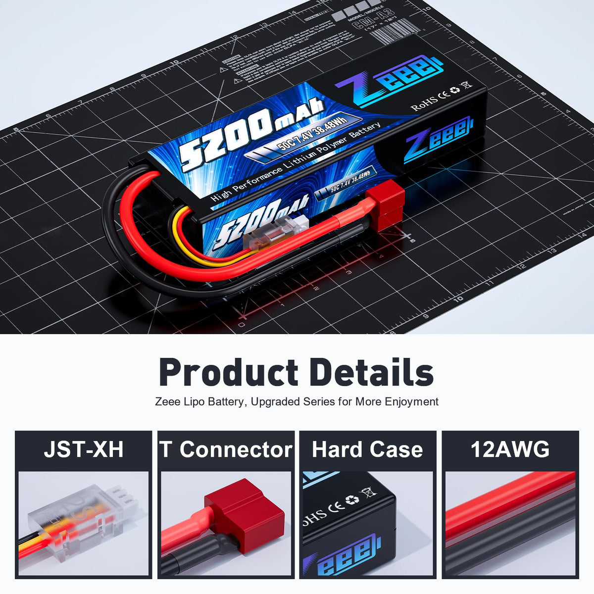 Zeee RC car battery compatibility for 1/8 and 1/10 scale models.