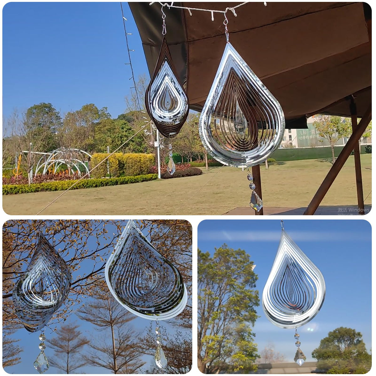 Zeewoo wind spinner provides visual reflections as a humane bird deterrent in sun.