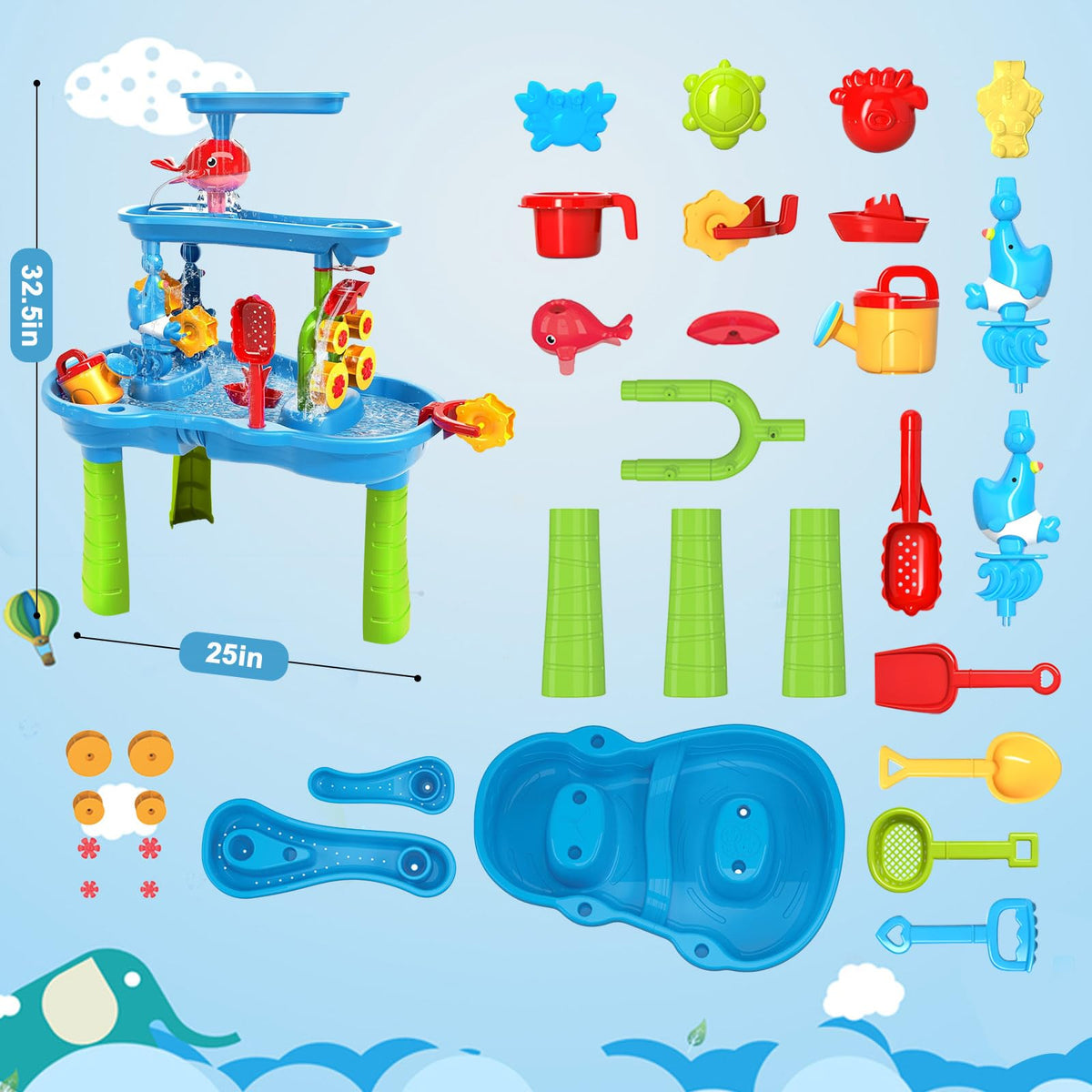 Zefinot water table accessories including buckets and scoops for interactive play.